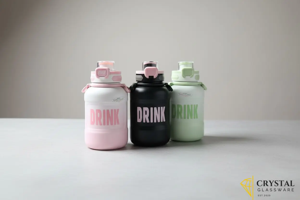  "MCHEN Sports Experts" pot-belly water bottle with the word "DRINK" printed on the front